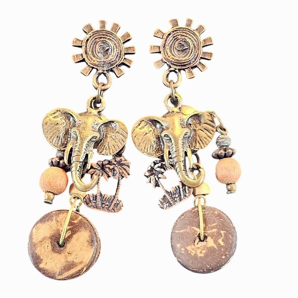 Vintage Style Elephant Dangle Earrings Wood Bead Coconut Disc Tribal Boho